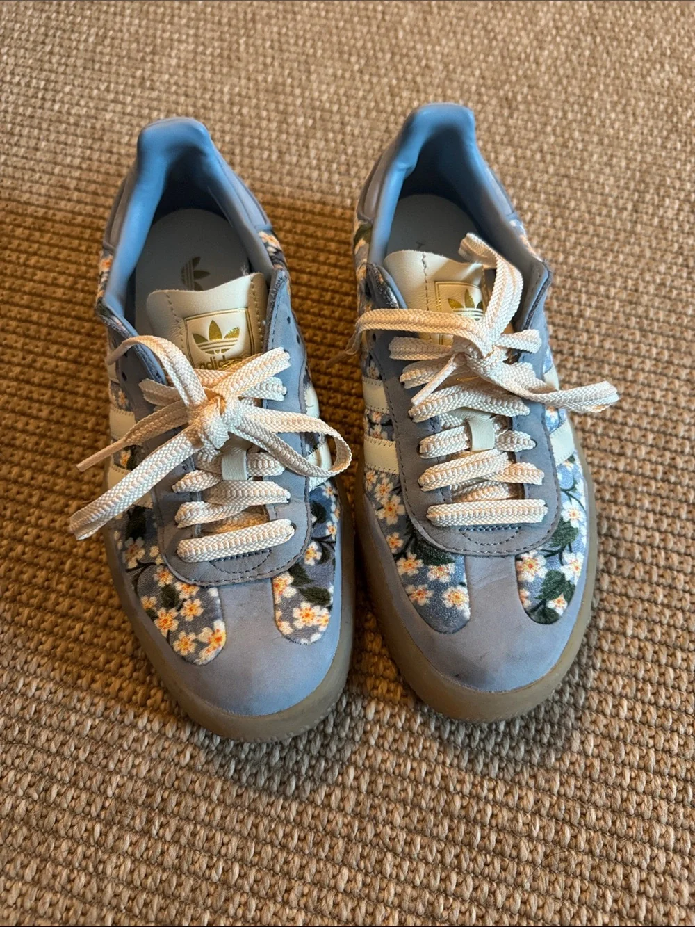 adidas x Liberty London Baby Blue and Cream Floral Velour and Suede Sambaes - Picture 2 of 9